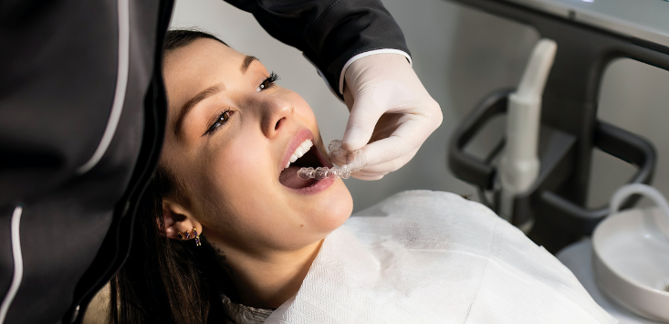 A woman receiving a set of clear Invisalign aligners to straighten her teeth