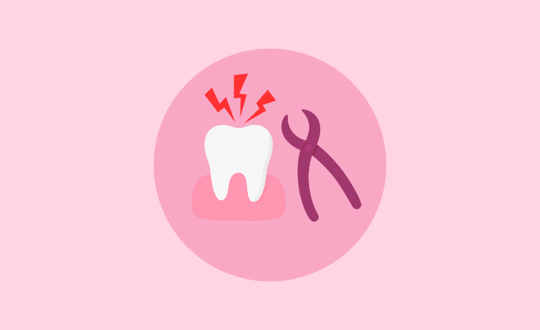 Illustration of a tooth in gums with dental forceps and red pain lines, representing wisdom teeth removal.